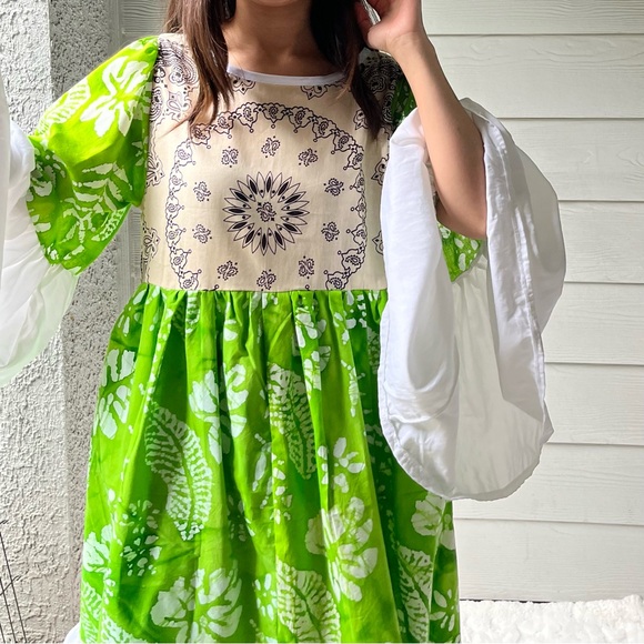 Handmade Wide Sleeves Maxi Bandana Dress SKU 11091 Green White - Picture 7 of 16